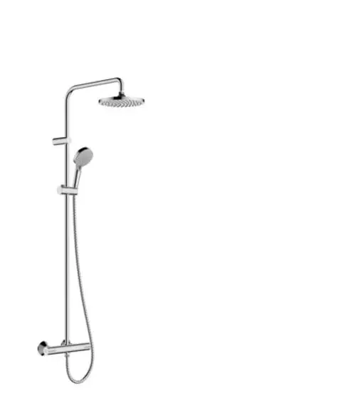 Hansgrohe Duschpaneel mit overhead Dusche und Handbrause, montiert an vertikalem Rohr, in glänzendem Chromfinish.